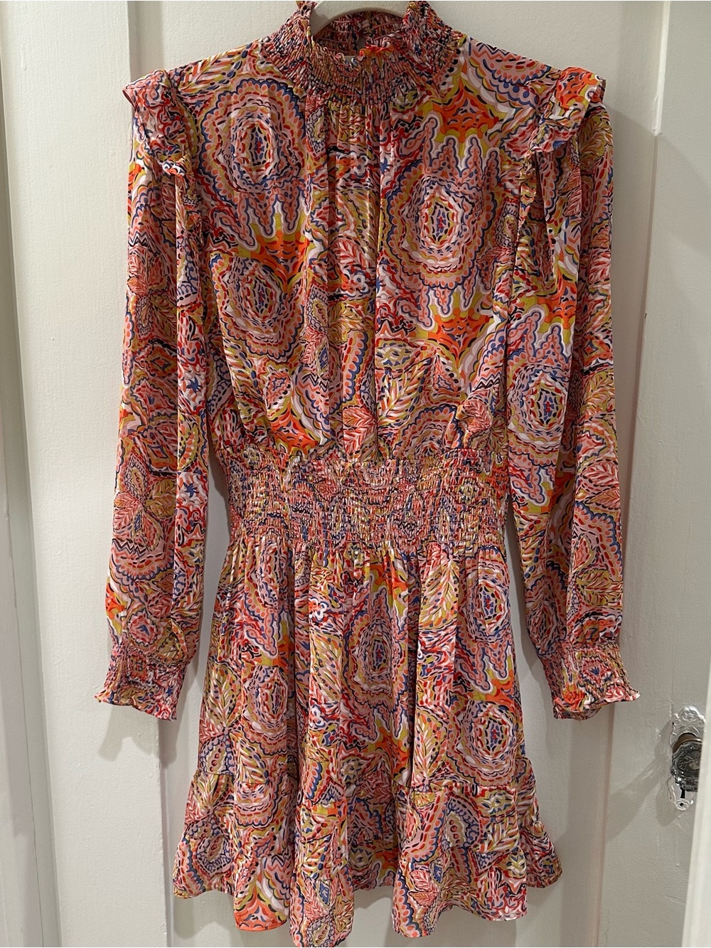 THML Pink Multi Paisley-Print Long Sleeve Smocked Mini Dress